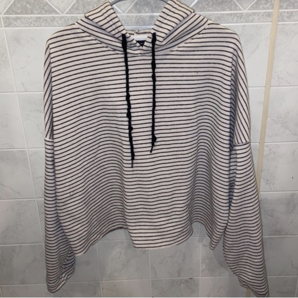 Black and white striped cropped fleece lined sweatshirt
